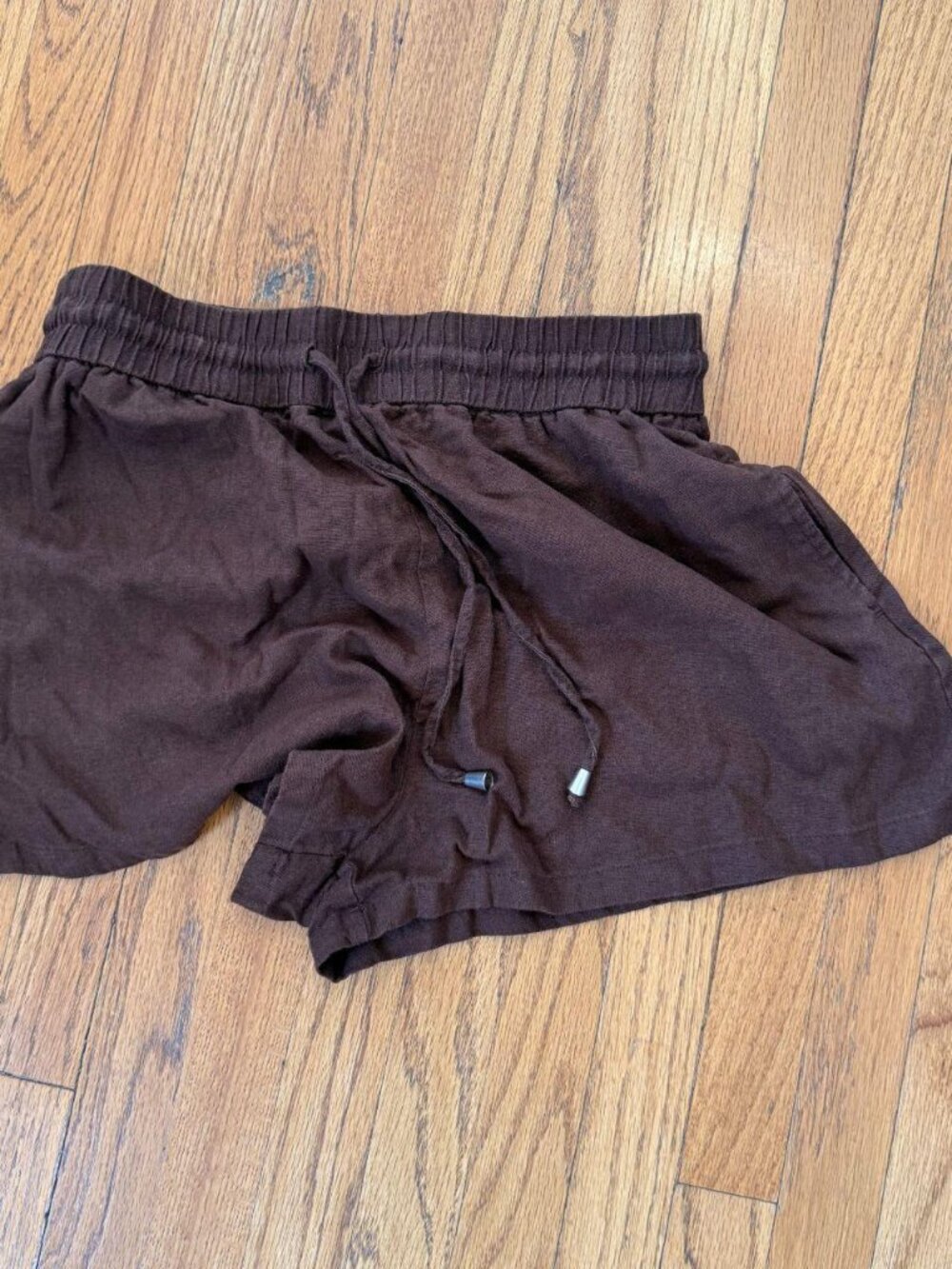 Zara Brown Linen Blend Pull-On Shorts Smocked Drawstring Waist Size M